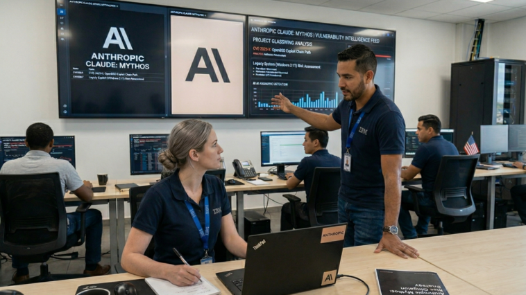 Centre opérationnel de cybersécurité moderne avec un grand écran affichant "Anthropic Claude Mythos".