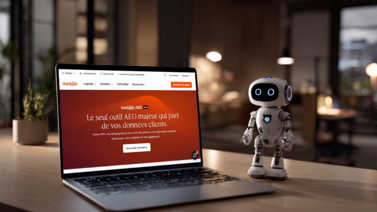 Écran d'ordinateur affichant une recommandation d'assistant IA pour améliorer un score AEO, avec robot miniature sur le bureau, illustrant les recommandations actionnables et priorisées de HubSpot AEO.
