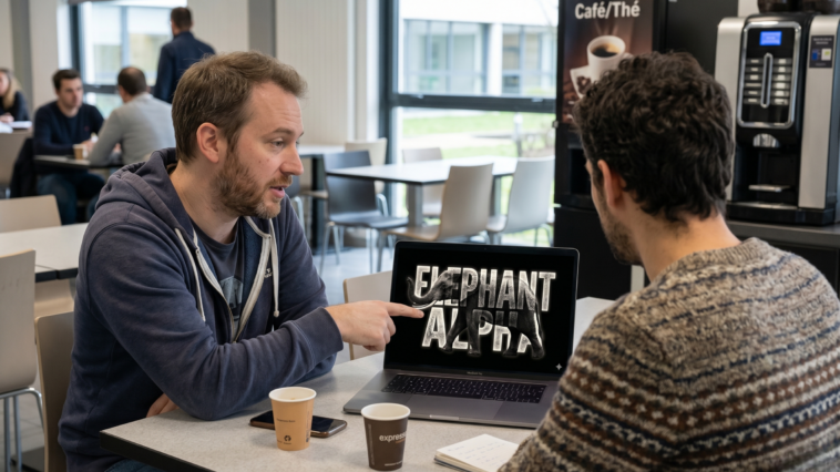 Deux devs dans une cafétéria regardent un écran d'ordinateur affichant une image d'éléphant avec le texte « ELEPHANT ALPHA »