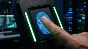 Gros plan d’un scanner biométrique affichant une empreinte numérique lumineuse bleu électrique, pour symboliser la traque de l'IA.