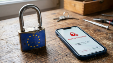 Image d'un cadenas européen forcé et son alerte smartphone pour illustrer les failles découvertes sur l'app de l'UE.