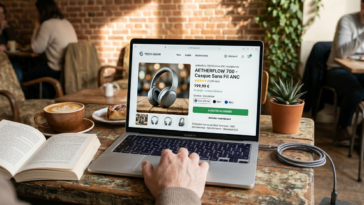 Un ordinateur portable affichant une fiche produit de casque audio réalisé avec l'IA sur une table de café rustique