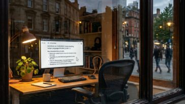 Bureau vu à travers une vitre, montrant un écran avec des Google AI Overviews.