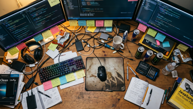Un espace de travail de développeur chaotique avec des écrans de code pour illustrer l'ingénierie GPT-5.5.