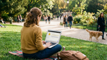 Étudiante dans un parc utilisant Hugging Chat sur son ordinateur portable.