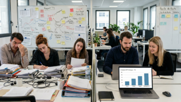 Réunion de business de deux équipes, l'une l'IA et l'autre sans.