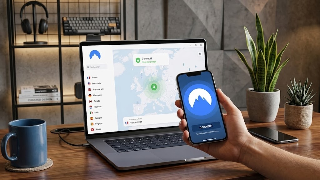 Le VPN NordVPN ouvert sur un ordinateur et un smartphone