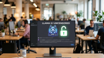 Un écran d'ordinateur affichant l'interface de LLAMA 3.1 UNCENSORED avec le logo du lama de Meta et un cadenas ouvert vert symbolisant une version sans restrictions.