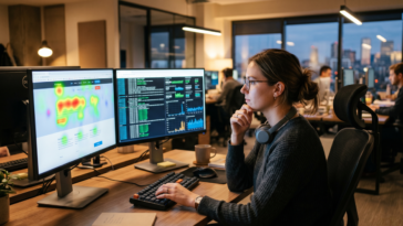 Une analyste en marketing utilise l'IA pour examiner des cartes thermiques et des flux de données sur deux écrans dans un bureau moderne.