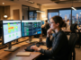 Une analyste en marketing utilise l'IA pour examiner des cartes thermiques et des flux de données sur deux écrans dans un bureau moderne.