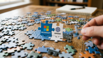 Un puzzle réaliste montrant deux pièces centrales avec les logos de Microsoft et OpenAI s'emboîtant sur une table en bois.