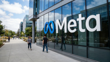 Façade moderne en verre avec le logo de Meta illustrant un article sur le modèle Muse Spark.