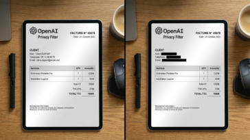 Comparaison split-screen sur tablette montrant une facture avec données personnelles visibles à gauche et masquées à droite par OpenAI Privacy Filter.