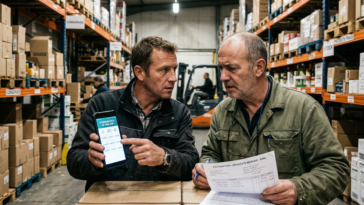 Un acheteur montre un comparateur de prix B2B assisté par l'IA sur un smartphone dans un entrepôt.