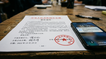 Document chinois officiel et smartphone avec notification Meta, illustrant le veto sur le rachat de Manus.