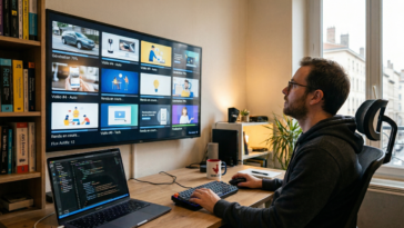 Un développeur surveille la vidéo programmatique générée par Remotion sur son écran.