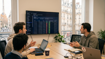 Réunion d'équipe tech analysant un tableau de bord avec l'outil Revenium AI Outcomes.