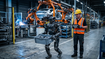 Un robot humanoïde transportant un bac de pièces métalliques aux côtés d'un ouvrier supervisant une chaîne de montage automobile moderne.