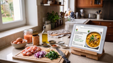 Tablette affichant une recette sur Chrome pour illustrer l'usage du Skill Maximiseur de protéines