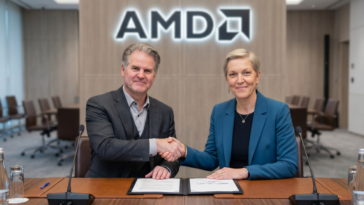 Anne Le Hénanff et Keith Strier de chez AMD signe un partenariat autour du supercalculateur exascale Alice Recoque.