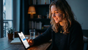 Une jeune femme sourit devant son smartphone, séduite par l’IA en pleine sycophancie.