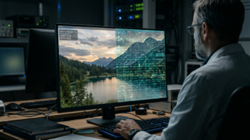 Un développeur analyse un filigrane SynthID invisible de Google sur une image de paysage sur un écran divisé.