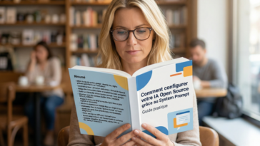 Femme blonde lisant un guide pratique sur la configuration du system prompt pour IA.