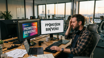 Un homme stressé à son bureau devant deux moniteurs affichant une typographie propre (fait avec Dall-E) et une typographie cassée