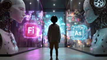 Jeune personne devant deux robots IA avec les logos d'Adobe Firefly et d'Artspace