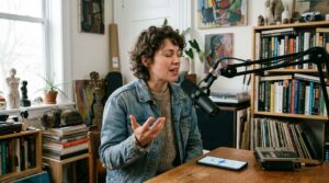 Une femme aux cheveux bouclés parle dans un microphone professionnel, assise à un bureau en bois avec un téléphone portable.