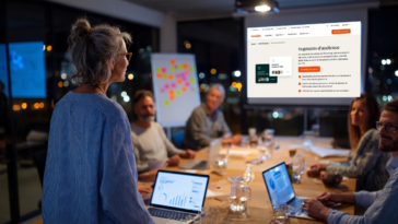 Directrice marketing présentant les résultats d'une campagne segmentée HubSpot à son équipe en salle de conférence