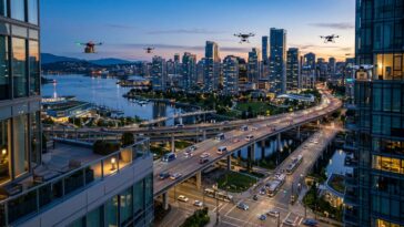 Un paysage urbain moderne au crépuscule montrant des drones en plein vol et des voitures autonomes sur les grands axes.