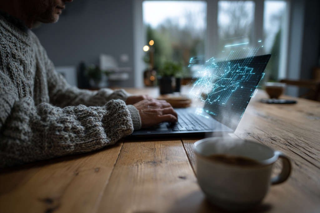 Entrepreneur e-commerce travaillant seul sur son CRM HubSpot depuis sa cuisine, avec une visualisation AR de pipeline commercial projetée au-dessus de son laptop.