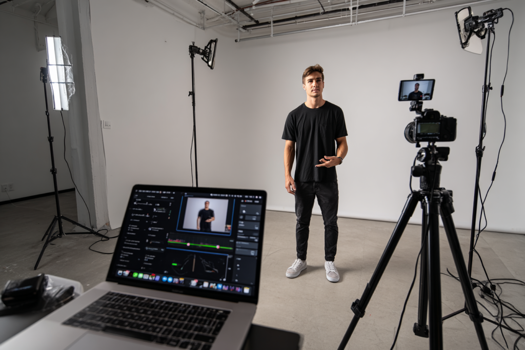 Social media manager filmant un contenu vidéo court en studio, laptop ouvert sur interface de publication HubSpot Marketing Hub, production de contenu réseaux sociaux.