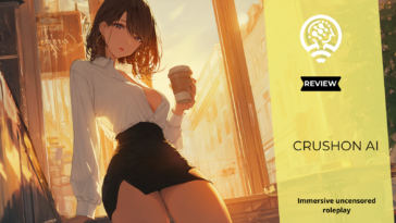 CrushOn AI anime-style virtual girlfriend holding coffee inside a sunlit café with a warm seductive atmosphere