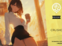 CrushOn AI anime-style virtual girlfriend holding coffee inside a sunlit café with a warm seductive atmosphere