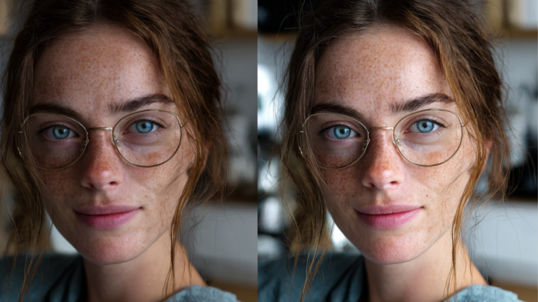 Split screen avant/après d'une femme photographié avec, à droite, une image plus éclairée et esthétique