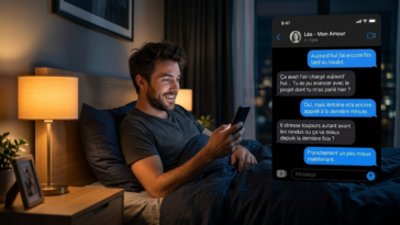 Homme discutant avec un chatbot amoureux sur smartphone dans une chambre à l’ambiance chaleureuse pendant la nuit.