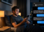 Homme discutant avec un chatbot amoureux sur smartphone dans une chambre à l’ambiance chaleureuse pendant la nuit.