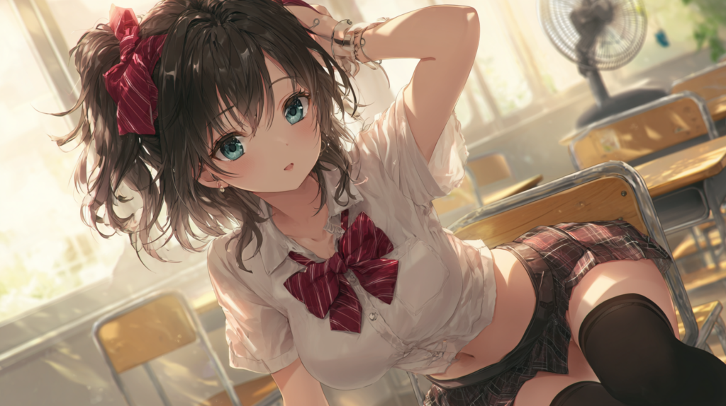 Anime schoolgirl avatar sitting inside a sunlit classroom with a soft fantasy aesthetic