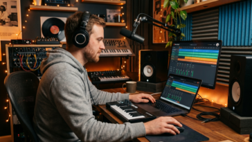 Producteur de musique travaillant sur BandLab dans un home studio chaleureux généré par IA.