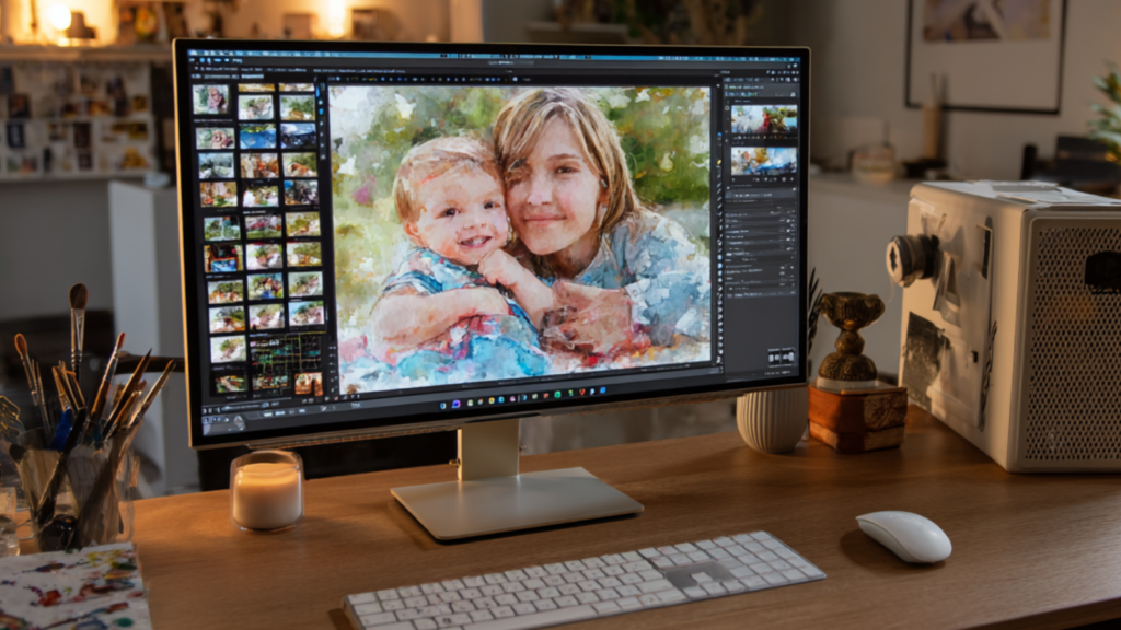 écran d'ordinateur affichant une photo d'une mère et sa fille stylisé aquarelle