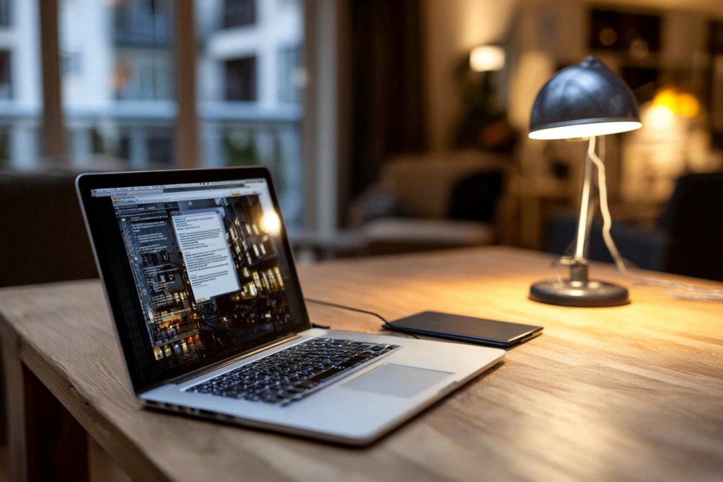 Un ordinateur portable placé sur une table en bois avec une lampe allumée à côté.