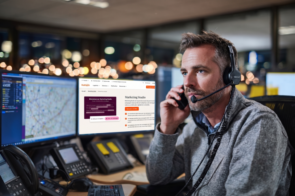 Exploitant logistique au téléphone analysant son pipeline de ventes de transport sur le CRM HubSpot.