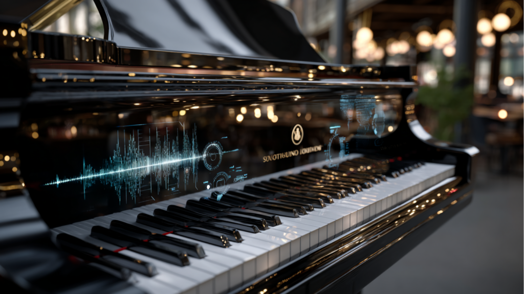 Illustration d'un piano avec éléments numériques pour illustrer la qualité traditionnelle d'ElevenLabs avec la touche de modernité numérique