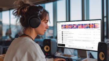 Une jeune femme accède à l'interface d'ElevenLabs pour générer des musiques