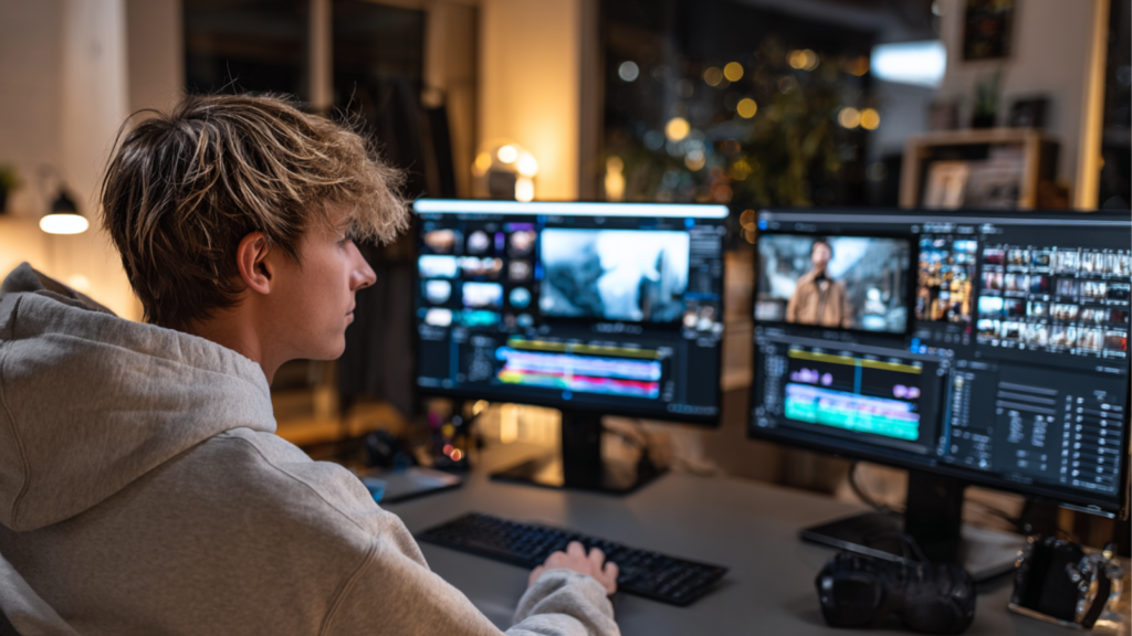 Jeune créateur de contenu devant un outil d'édition vidéo et de sous-titrage AI