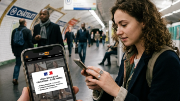 Femme utilisant son smartphone dans le métro affichant un écran de vérification d'âge obligatoire pour Pornhub.