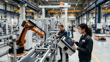 Des techniciens supervisent une ligne de production automatisée dans une usine moderne, illustrant l'intégration concrète de l'intelligence artificielle au travail.