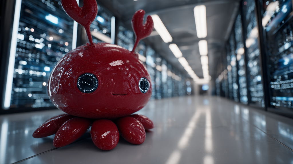Mascotte à la forme d'un crabe rouge dans un système de serveur pour illustrer la présence d'OpenClaw dans un VPS